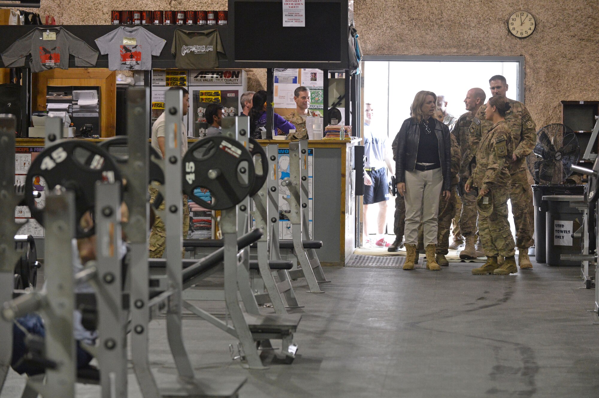 Secretary of the Air Force Deborah Lee James tours The Rock Gym at Bagram Airfield as part of her first visit to Afghanistan, March 22, 2014. Service members assigned to Bagram use the fully-outfitted gym in their off duty time to maintain physical fitness. (U.S. Air Force photo by Senior Master Sgt. Gary J. Rihn/Released)