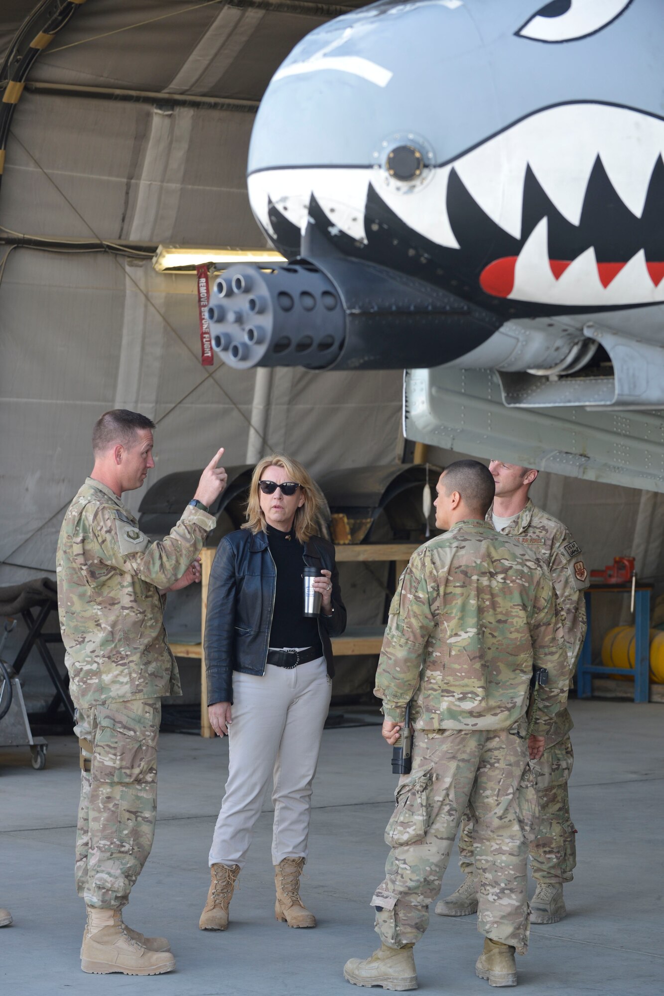 U.S. Air Force Col. Benjamin Spencer, commander of the 455th Expeditionary Maintenance Group, briefs Secretary of the Air Force Deborah Lee James on the A-10 Thunderbolt II that his group maintains at Bagram Airfield, Afghanistan, March 22, 2014. James was touring Bagram as part of her first visit to Afghanistan. (U.S. Air Force photo by Senior Master Sgt. Gary J. Rihn/Released)