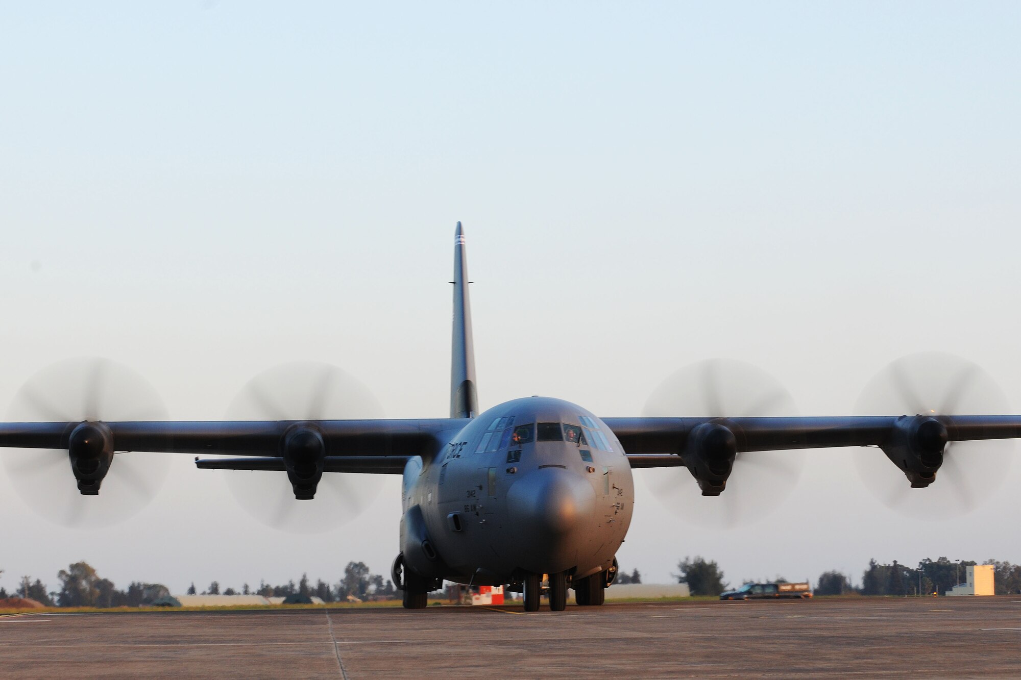 A C-130J Super Hercules taxis down the runway March 20, 2014, Incirlik Air Base, Turkey.  The aircraft came from Ramstein Air Base, Germany, to deliver a replacement Patriot missile to the U.S. Army 5-7 Air Defense Battalion in Gaziantep, Turkey.  (U.S. Air Force photo by Senior Airman Nicole Sikorski/Released)