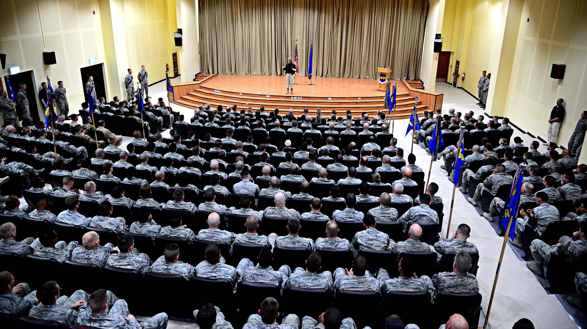 Secretary of the Air Force Deborah Lee James speaks to members of the 386th Air Expeditionary Wing during an Airmen’s call at an undisclosed location in Southwest Asia. During the all call, James reflected on the past week visiting Airmen at the various bases throughout Air Forces Central Command’s area of responsibility. (U.S. Air Force photo by Senior Airman Desiree W. Moye)