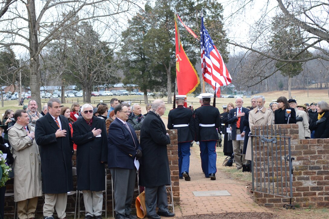 The Marine Corps Base Quantico Color Guard marches off the colors at the James Madison wreath laying ceremony at Montpellier Station on March 16, 2014. Each year, wreaths are laid at the final resting places of former United States Presidents across the nation.