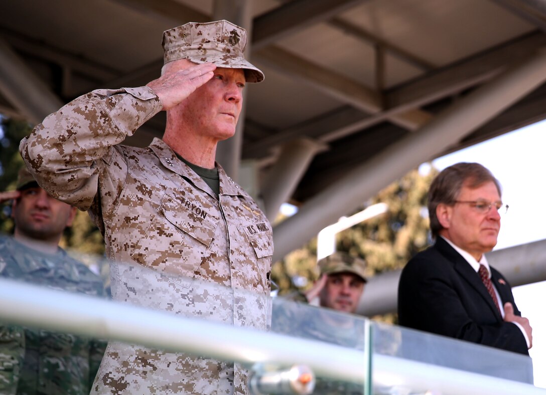 United States Marine Corps Lt. Gen. Richard Tryon, commander of U.S. Marine Corps Forces Command and U.S. Marine Corps Forces, Europe, and U.S. Ambassador to Georgia Richard Norland attend the departure ceremony for the Georgian Special Mountain Battalion and 23rd Bn., who are deploying to Afghanistan as part of the International Security Assistance Force March 20, 2014. Tryon visited Georgia to tour the Georgian National Defense Academy and to attend the departure ceremony. (Official Marine Corps photo by Lance Cpl. Scott W. Whiting, BSRF PAO/ Released)