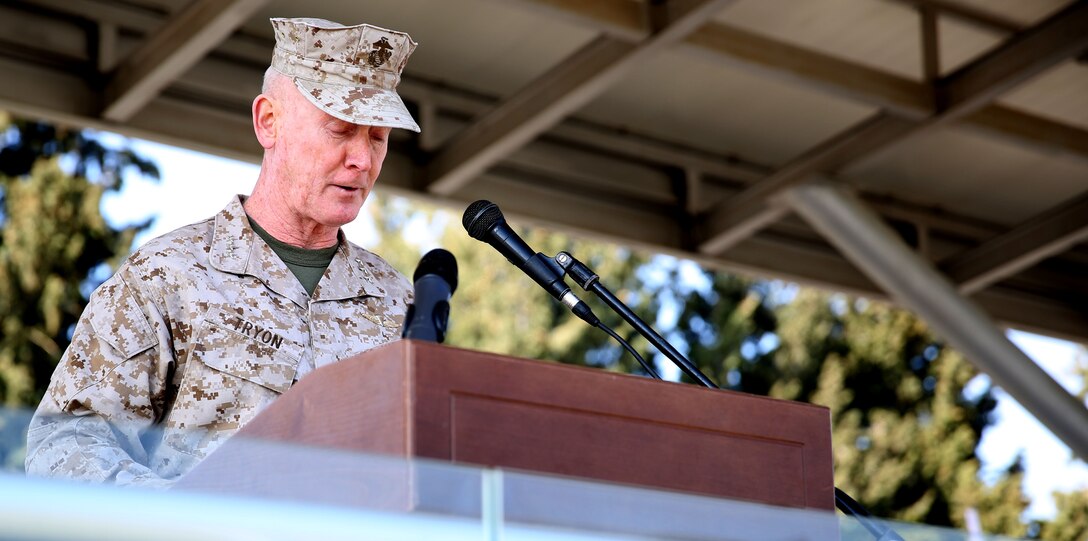 United States Marine Corps Lt. Gen. Richard Tryon, commander of U.S. Marine Corps Forces Command and U.S. Marine Corps Forces, Europe, gives a speech to the Georgian Special Mountain Battalion and 23rd Bn., along with the detachment of U.S. Marines from Georgian Liaison Team 12 deploying with them to Afghanistan as part of the International Security Assistance Force, during their departure ceremony March 20, 2014. Tryon visited Georgia to tour the Georgian National Defense Academy and to attend the departure ceremony. (Official Marine Corps photo by Lance Cpl. Scott W. Whiting, BSRF PAO/ Released)