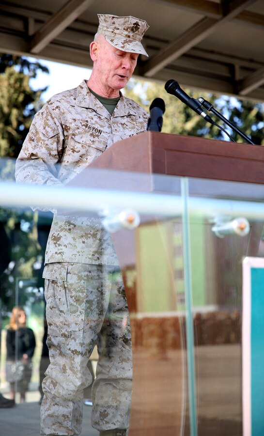 United States Marine Corps Lt. Gen. Richard Tryon, commander of U.S. Marine Corps Forces Command and U.S. Marine Corps Forces, Europe, gives a speech to the Georgian Special Mountain Battalion and 23rd Bn., along with the detachment of U.S. Marines from Georgian Liaison Team 12 deploying with them to Afghanistan as part of the International Security Assistance Force, during their departure ceremony March 20, 2014. Tryon visited Georgia to tour the Georgian National Defense Academy and to attend the departure ceremony. (Official Marine Corps photo by Lance Cpl. Scott W. Whiting, BSRF PAO/ Released)