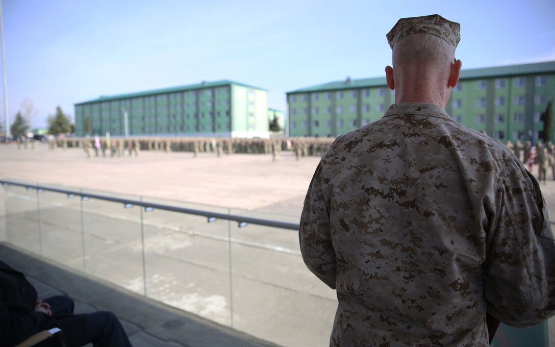 United States Marine Corps Lt. Gen. Richard Tryon, commander of U.S. Marine Corps Forces Command and U.S. Marine Corps Forces, Europe, gives a speech to the Georgian Special Mountain Battalion and 23rd Bn., along with the detachment of U.S. Marines from Georgian Liaison Team 12 deploying with them to Afghanistan as part of the International Security Assistance Force, during their departure ceremony March 20, 2014. Tryon visited Georgia to tour the Georgian National Defense Academy and to attend the departure ceremony. (Official Marine Corps photo by Lance Cpl. Scott W. Whiting, BSRF PAO/ Released)