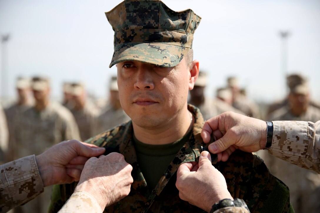 Lieutenant Gen. Richard Tryon, commander of U.S. Marine Corps Forces Command and U.S. Marine Corps Forces, Europe, and Master Gunnery Sgt. Troy Allen, the senior enlistment advisor of the Georgian Training Team pin the rank of master sergeant onto Master Sgt. Mario Lopez-Diaz, the senior enlisted advisor of Georgian Liaison Team 12, during his frocking ceremony March 20, 2014 aboard the Krstanisi National Training Center in Georgia. Georgian Liaison Team 12 is slated to deploy to Afghanistan as part of the International Security Assistance Force. Lopez-Diaz was frocked, which means he will wear the rank of master sergeant to fulfill his job position’s requirements, but will not receive any pay increase until he officially is promoted. (Official Marine Corps photo by Lance Cpl. Scott W. Whiting, BSRF PAO/ Released)