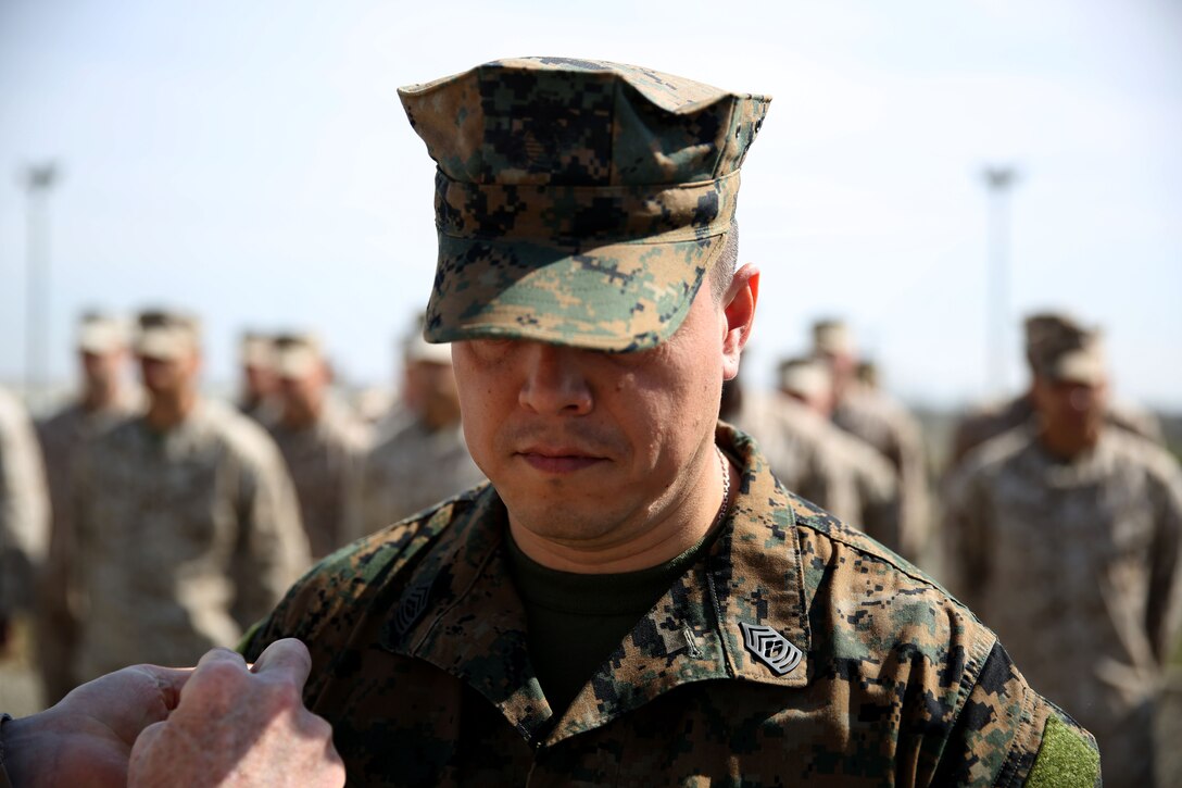 Lieutenant Gen. Richard Tryon, commander of U.S. Marine Corps Forces Command and U.S. Marine Corps Forces, Europe, and Master Gunnery Sgt. Troy Allen, the senior enlistment advisor of the Georgian Training Team pin the rank of master sergeant onto Master Sgt. Mario Lopez-Diaz, the senior enlisted advisor of Georgian Liaison Team 12, during his frocking ceremony March 20, 2014 aboard the Krstanisi National Training Center in Georgia. Georgian Liaison Team 12 is slated to deploy to Afghanistan as part of the International Security Assistance Force. Lopez-Diaz was frocked, which means he will wear the rank of master sergeant to fulfill his job position’s requirements, but will not receive any pay increase until he officially is promoted. (Official Marine Corps photo by Lance Cpl. Scott W. Whiting, BSRF PAO/ Released)