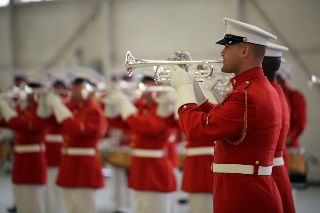 The world-renowned Marine Corps Color Detachment performs at Marine Corps Air Station Beaufort, March 18. The detachment is composed of three performing ceremonial units from Marine Barracks, Washington, D.C.: the Marine Corps Drum and Bugle Corps, the Marine Corps Silent Drill Platoon, and the Marine Corps Color Guard. Each year this highly skilled unit travels worldwide to demonstrate the discipline and professionalism of United States Marines.