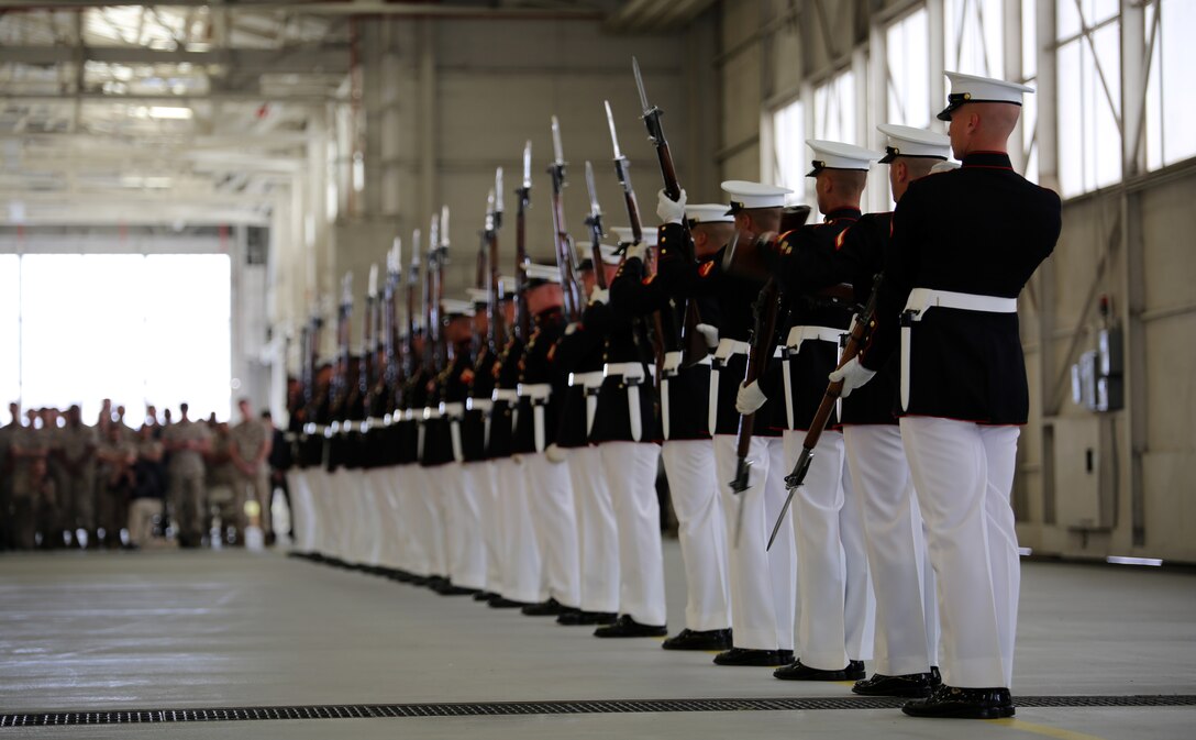 The world-renowned Marine Corps Color Detachment performs at Marine Corps Air Station Beaufort, March 18. The detachment is composed of three performing ceremonial units from Marine Barracks, Washington, D.C.: the Marine Corps Drum and Bugle Corps, the Marine Corps Silent Drill Platoon, and the Marine Corps Color Guard. Each year this highly skilled unit travels worldwide to demonstrate the discipline and professionalism of United States Marines.