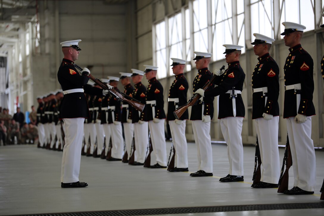 The world-renowned Marine Corps Color Detachment performs at Marine Corps Air Station Beaufort, March 18. The detachment is composed of three performing ceremonial units from Marine Barracks, Washington, D.C.: the Marine Corps Drum and Bugle Corps, the Marine Corps Silent Drill Platoon, and the Marine Corps Color Guard. Each year this highly skilled unit travels worldwide to demonstrate the discipline and professionalism of United States Marines.