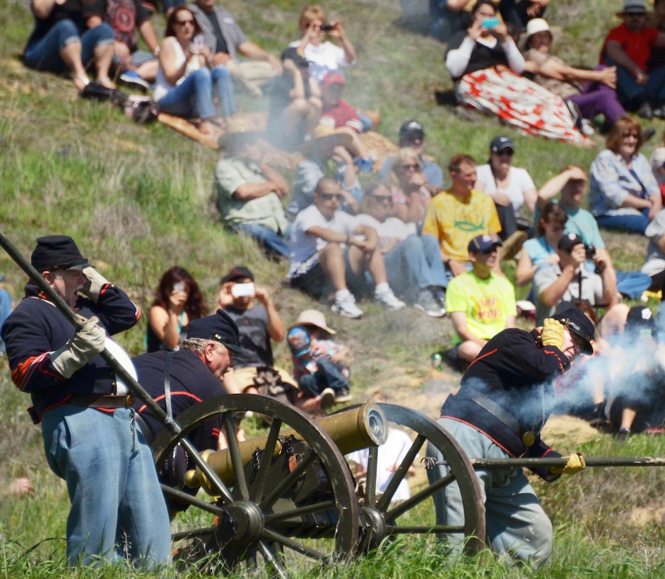 Reenactment troops and audience members enjoy another round of cannon fire during the Civil War reenactment weekend at the U.S. Army Corps of Engineers Sacramento District’s Stanislaus River Parks in Knights Ferry, Calif., March 22, 2014. See more photos from the event.