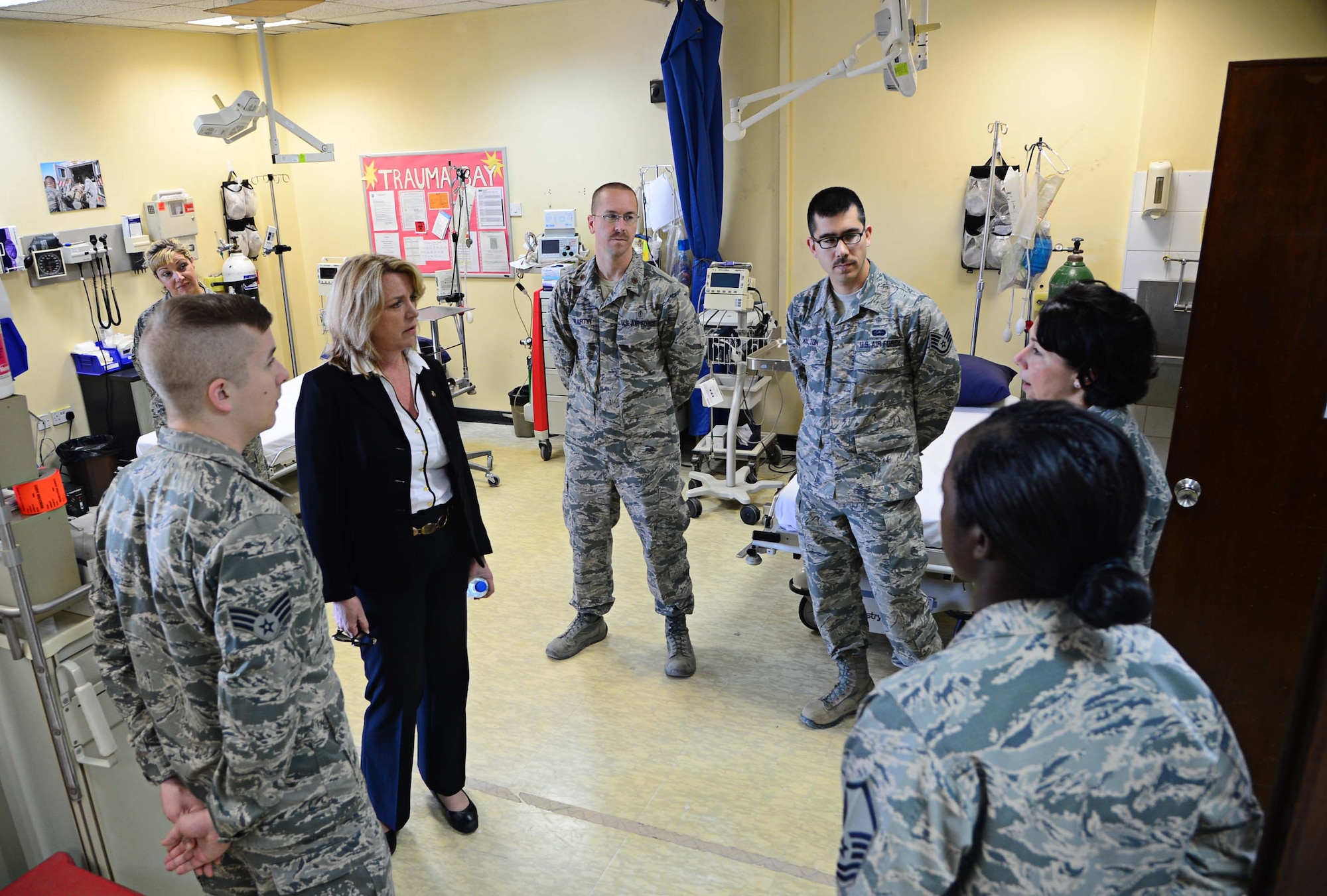 Secretary of the Air Force Deborah Lee James is briefed on the 386th Expeditionary Medical Group trauma facility’s capabilities and procedures for emergency trauma patients at an undisclosed location in Southwest Asia. As James’ base tour ended and her AOR orientation closed, she said the lessons learned and the takeaways from the past week will help her continue to fight for the 690,000 Airmen under her purview. (U.S. Air Force photo/Senior Airman Desiree W. Moye)