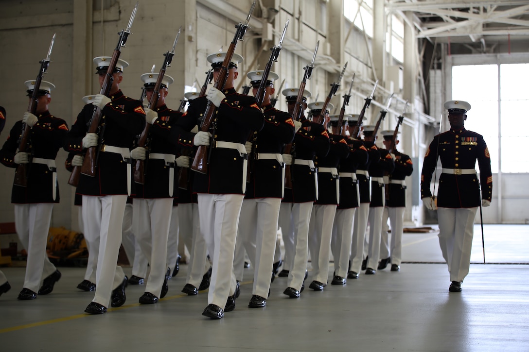 The world-renowned Marine Corps Color Detachment performs at Marine Corps Air Station Beaufort March 18. The detachment is composed of three performing ceremonial units from Marine Barracks, Washington, D.C.: the Marine Corps Drum and Bugle Corps, the Marine Corps Silent Drill Platoon, and the Marine Corps Color Guard. Each year this highly skilled unit travels worldwide to demonstrate the discipline and professionalism of United States Marines.