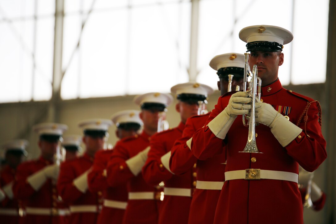 The world-renowned Marine Corps Color Detachment performs at Marine Corps Air Station Beaufort, March 18. The detachment is composed of three performing ceremonial units from Marine Barracks, Washington, D.C.: the Marine Corps Drum and Bugle Corps, the Marine Corps Silent Drill Platoon, and the Marine Corps Color Guard. Each year this highly skilled unit travels worldwide to demonstrate the discipline and professionalism of United States Marines.