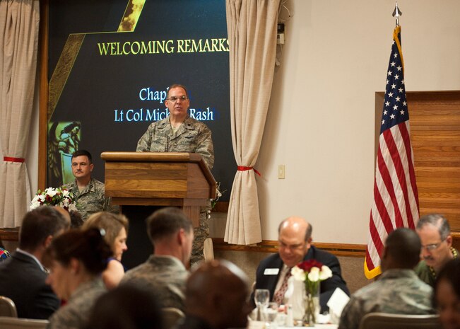 Chaplain (Lt. Col.) Michael Rash, 99th Air Base Wing chaplain, gives the welcoming remarks during the National Prayer Breakfast at the Club March 25, 2014 at Nellis Air Force Base, Nev. This year’s guest speaker was Col. Barry Cornish, 99th Air Base Wing commander the focus was on the Spiritual Life of a Warrior.  (U.S. Air Force photo by Airman 1st Class Jake Carter)