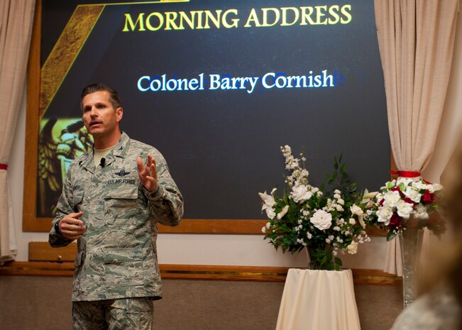 U.S. Air Force Col. Barry Cornish, 99th Air Base Wing commander, speaks at the National Prayer Breakfast at the Club March 25, 2014, at Nellis Air Force Base, Nev. Inaugurated by President Dwight D. Eisenhower, the National Prayer Breakfast reminds people that the U.S. is a nation of diverse religious traditions in which individuals try to work together for the betterment of all humankind. (U.S. Air Force photo by Airman 1st Class Thomas Spangler) 