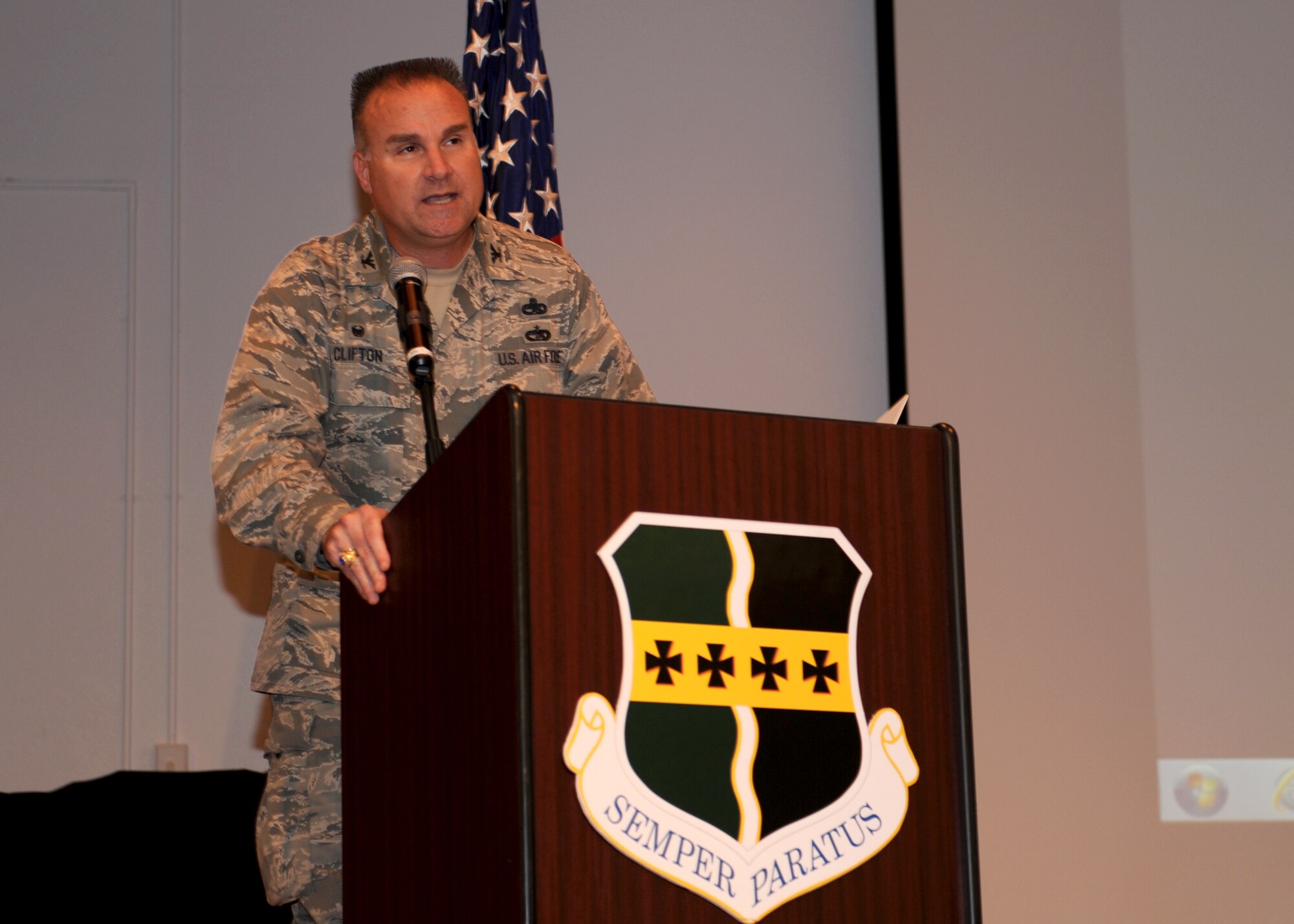 Col. Chad Clifton, 9th Maintenance Group commander, speaks during the Maintenance Professional of the Year banquet at the Community Activity Center, Mach 21, 2014. The original maintenance professional award was established in 1979. (U.S. Air Force photo by Staff Sgt. Robert M. Trujillo/Released)    
