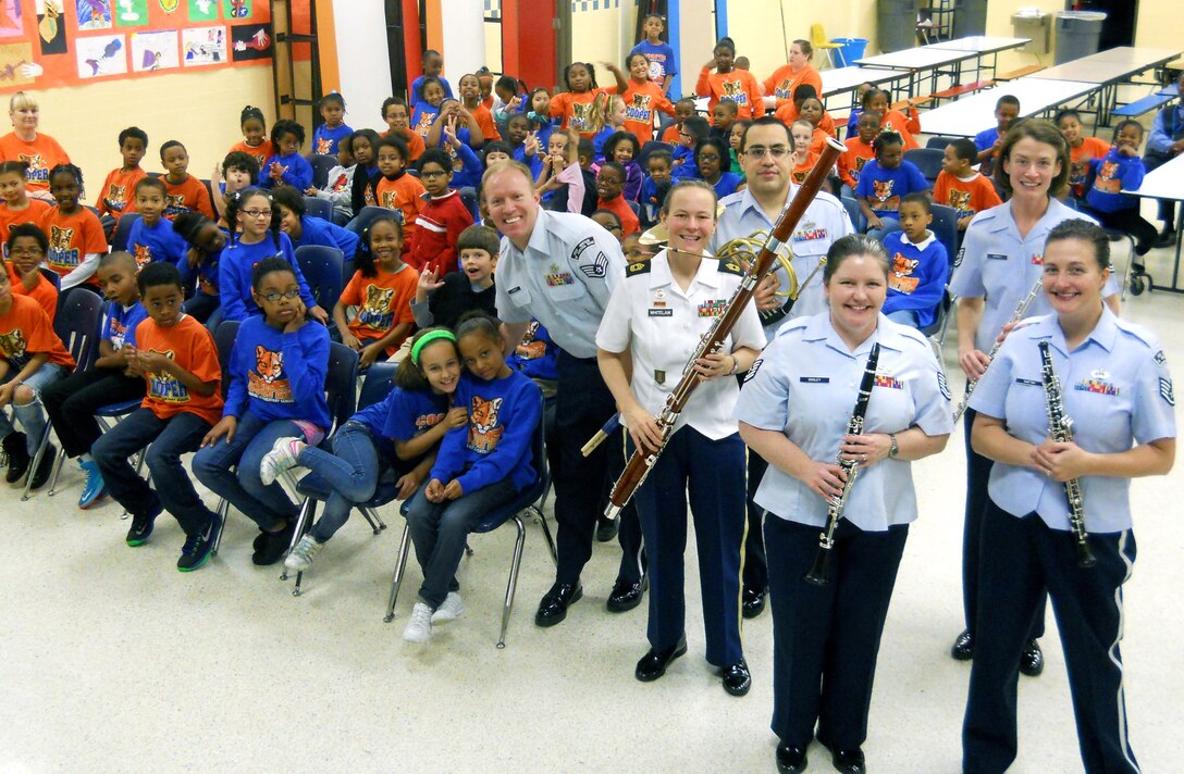 On March 19, 2014 the USAF "Langley Winds" woodwind quintet gave a performance at Cooper Elementary School, in Hampton, VA.  The performance was to celebrate "Music in our Schools" month.  The members included a bassoon player from the Army TRADOC Band from Fort Eustis.  The students enjoyed a lively performance and an in-depth explanation of each instrument.