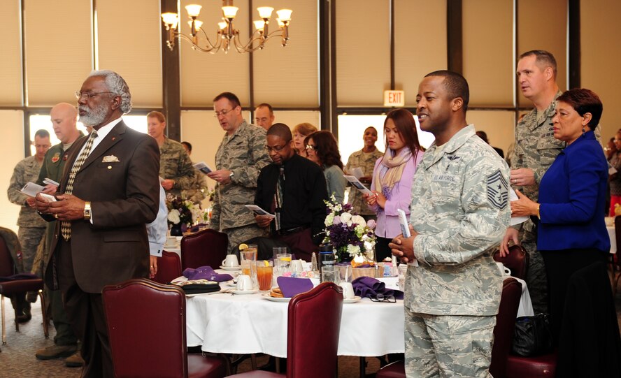 U.S. Air Force Chief Master Sgt. Eddie Webb, 7th Bomb Wing command chief, attends the Martin Luther King Jr. Luncheon on Jan. 17, 2014, at Dyess Air Force Base, Texas. As command chief, Webb serves as the commander's representative for numerous councils, committees, boards, and military and civilian functions. (U.S. Air Force photo by Senior Airman Kia Atkins /Released)