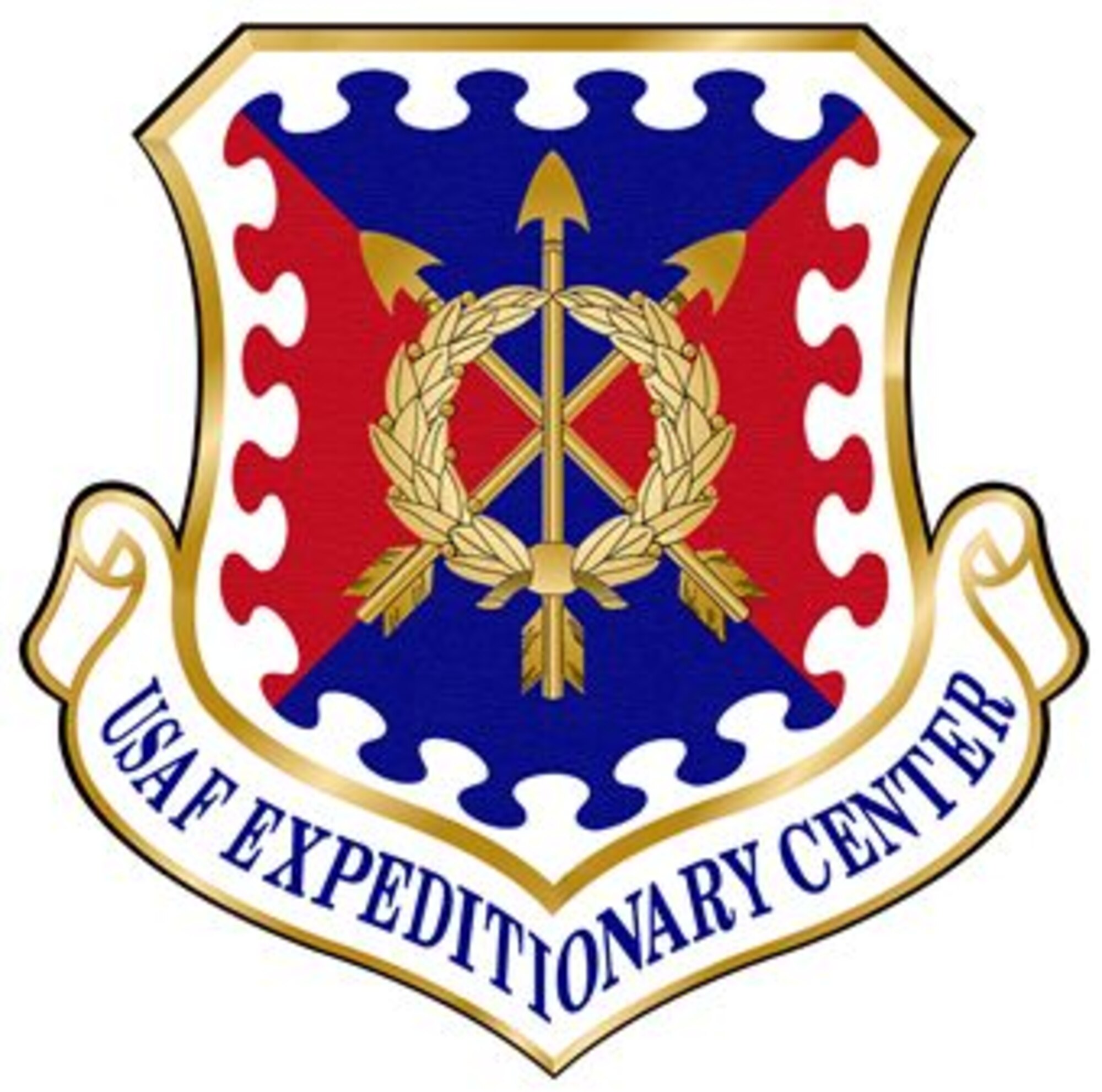 U.S. Air Force Expeditionary Center shield (Color) with black outline, gold gradient trim and texture. In accordance with Chapter 3 of AFI 84-105, commercial reproduction of this emblem is NOT permitted without the permission of the proponent organizational/unit commander. (U.S. Air Force graphic redesign/Staff Sgt. Luis Loza Gutierrez)