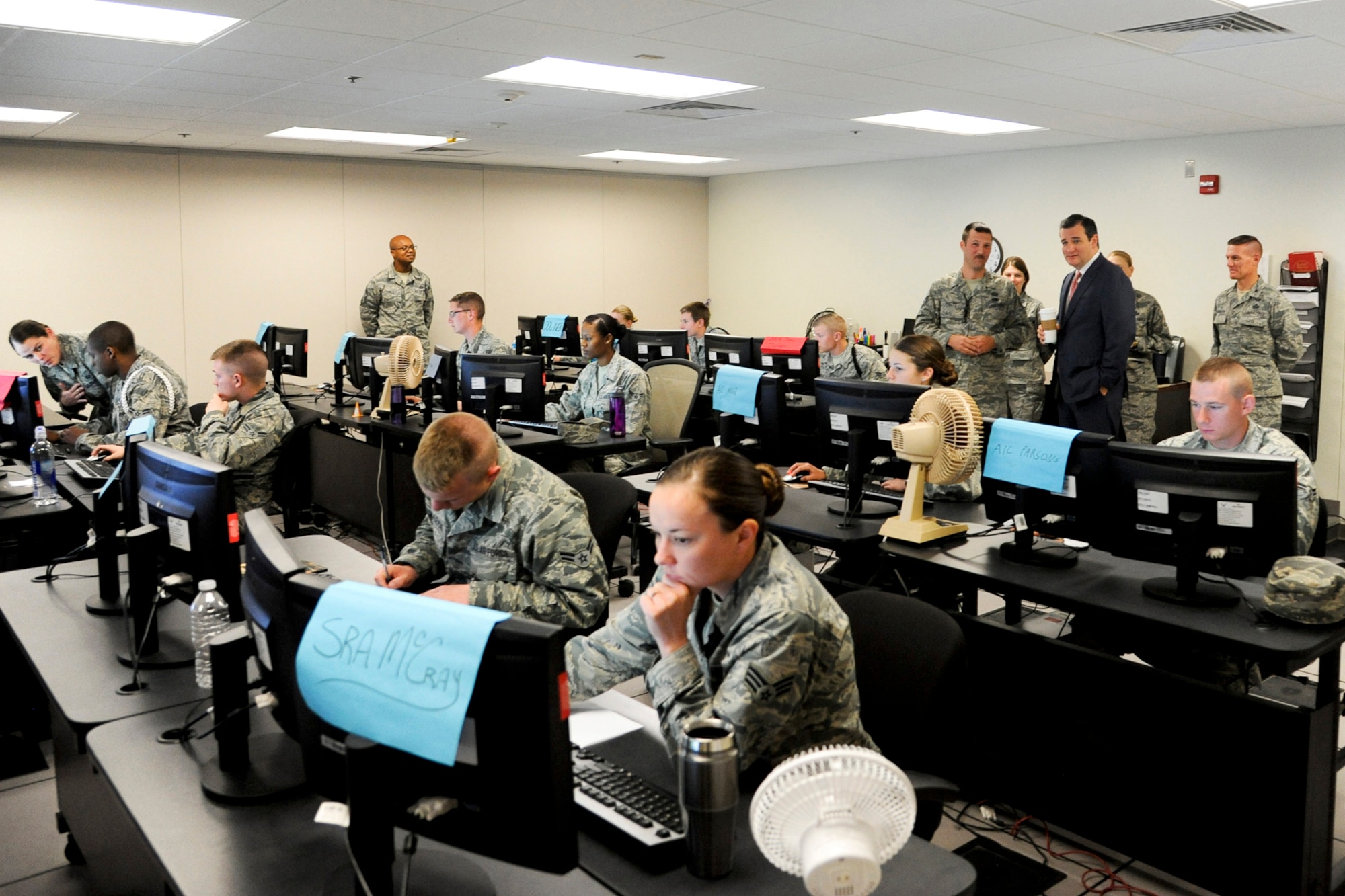 GOODFELLOW AIR FORCE BASE, Texas—Tech. Sgt. Michael Phelps, 315th Training Squadron instructor, informs Sen. Ted Cruz, Texas senator, what his students do on a daily basis here March 21. Cruz toured the 17th Training Wing to learn about the wing's mission and the people of Team Goodfellow. (U.S. Air Force photo/ Senior Airman Michael Smith)