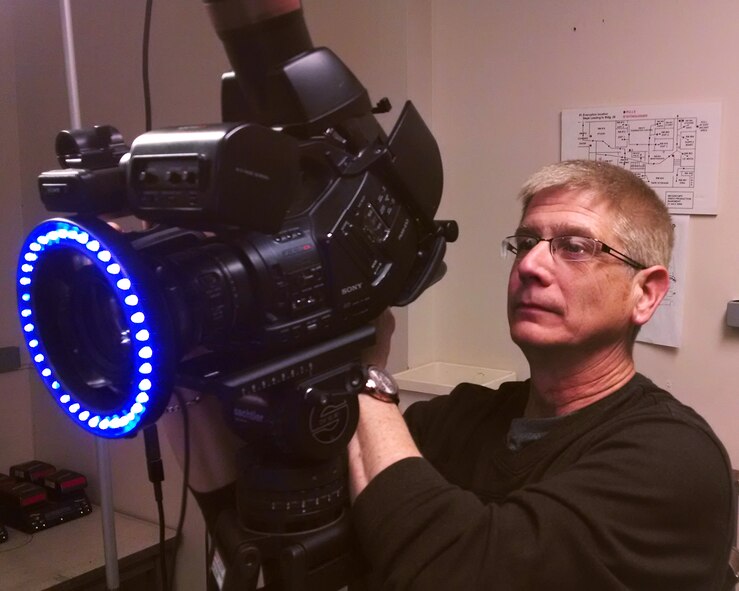 Videographer Jim Mitchell performs camera testing prior to an assignment. Mitchell contributed to the “Are You Ready to Meet the Board?” video production which earned second place in the 2013 Air Force Video Production Awards in the Training and Education category.  (Air Force photo by Brian Duke)