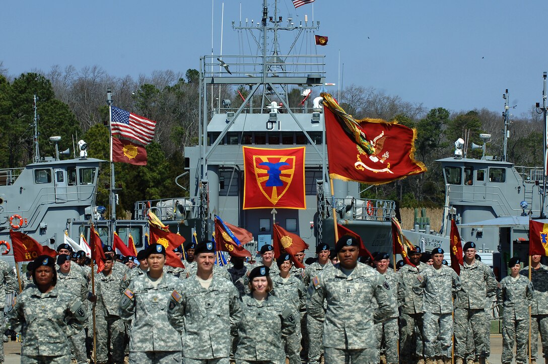 U.S. Army Soldiers from the 7th Transportation Brigade (Expeditionary) stand in formation during a transformation ceremony held at Fort Eustis, Va., March 21, 2014. The brigade will maintain global oversight of all Army terminal and watercraft capabilities. (U.S. Air Force photo by Senior Airman Teresa J.C. Aber/Released)