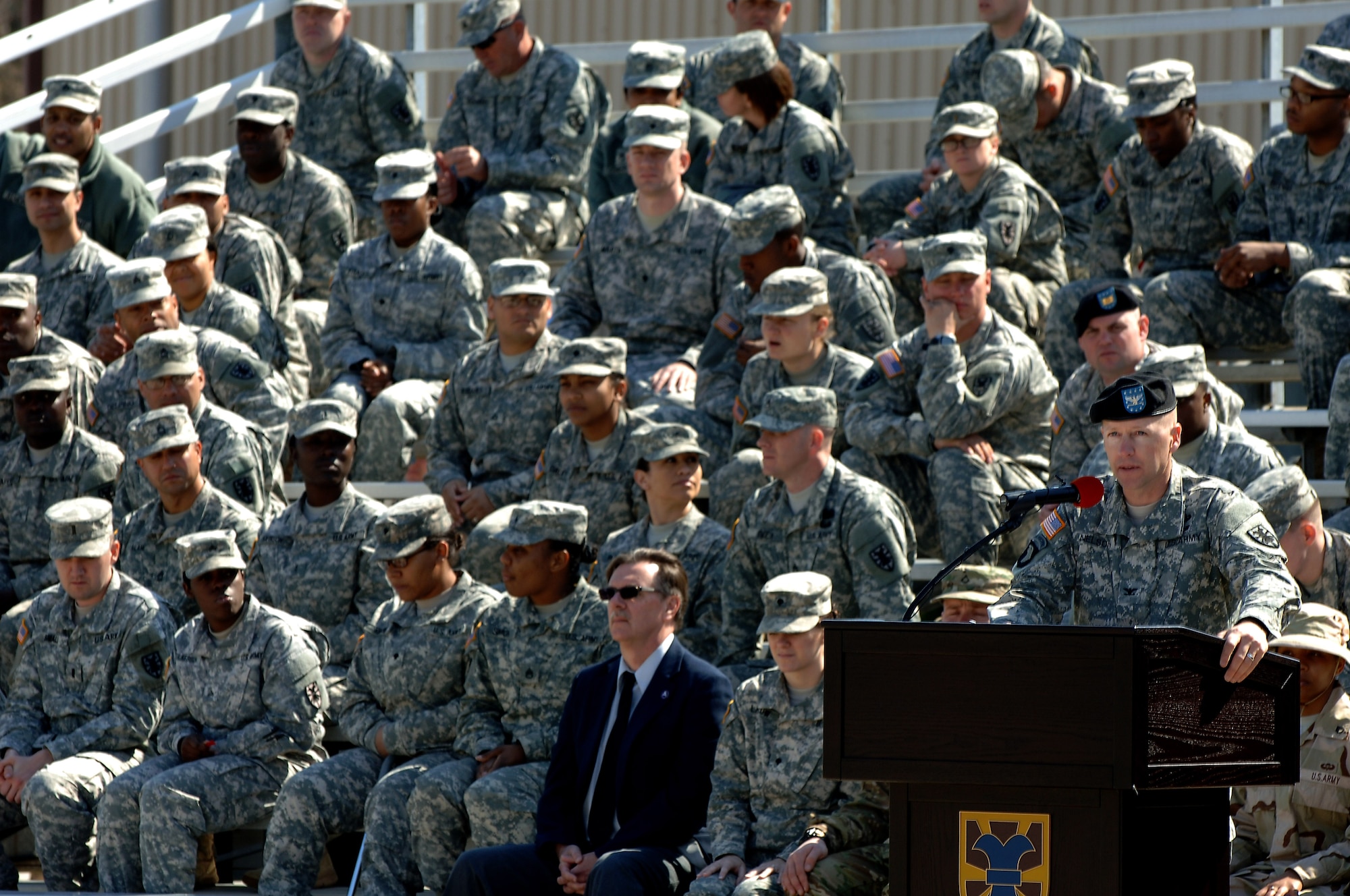 U.S. Army Col. Randal Nelson, 7th Transportation Brigade (Expeditionary) commander, speaks during a transformation ceremony at Fort Eustis, Va., March 21, 2014. The 7th Sustainment Bde. transformed to the 7th Trans. Bde. (Ex.) due to mission requirement changes. (U.S. Air Force photo by Senior Airman Teresa J.C. Aber/Released)