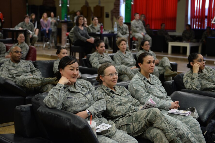 Members from Spangdahlem Air Base, Germany, gather for a panel discussion event in honor of Women’s History Month at the Brick House March 20, 2014. This event allowed audience members to question the women of the panel on career successes and failures, advice, and personal experiences. (U.S. Air Force photo by Senior Airman Alexis Siekert/Released)