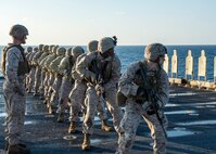 140310-N-XJ695-183
MEDITERRANEAN SEA (March 10, 2014) Marines from the 22nd Marine Expeditionary Unit (22nd MEU) participate in a live-fire exercise aboard the amphibious dock landing ship USS Gunston Hall (LSD 44). Gunston Hall is deployed in support of maritime security operations, providing crisis response capability and increasing theater security cooperation efforts in the 6th Fleet area of responsibility. (U.S. Navy photo by Mass Communication Specialist Seaman Jesse A. Hyatt/Released)