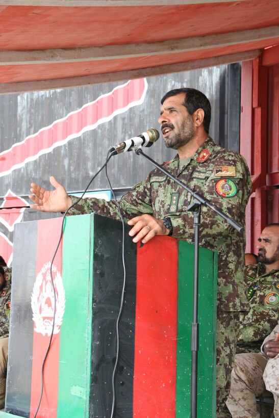 Afghan National Army Maj. Gen. Sayeed Malook addresses his soldiers during their graduation ceremony aboard Camp Shorabak, Helmand province, Afghanistan, March 20, 2014. The 215th Corps commanding general, Maj. Gen. Malook is responsible for security in both Nimroz and Helmand provinces.