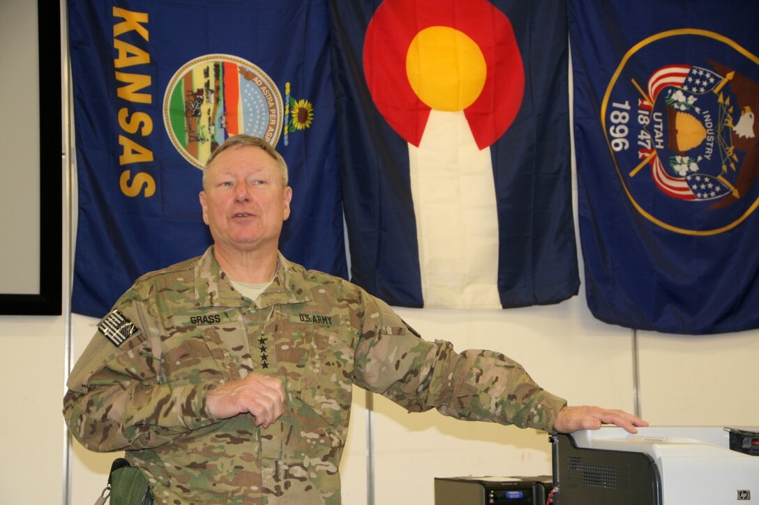 Army Gen. Frank J. Grass, chief of the National Guard Bureau, addresses Army National Guard soldiers from Colorado, Kansas, Utah and Wyoming aboard Camp Bastion, Helmand province, Afghanistan, March 24, 2014. General Grass visited the soldiers to assess the welfare and needs of the guard units currently deployed to Regional Command (Southwest).
