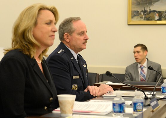 Secretary of the Air Force Deborah Lee James and Air Force Chief of Staff Gen. Mark A. Welsh III testify on the Air Force posture for fiscal year 2015 before the House Appropriations subcommittee on defense in Washington, D.C., March 26, 2014.  (U.S. Air Force photo/Scott M. Ash)
 