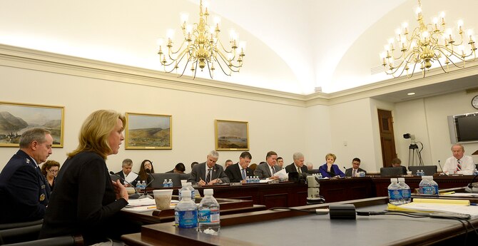 Secretary of the Air Force Deborah Lee James and Air Force Chief of Staff Gen. Mark A. Welsh III testify on the Air Force posture for fiscal year 2015 before the House Appropriations subcommittee on defense in Washington, D.C., March 26, 2014.  (U.S. Air Force photo/Scott M. Ash)
