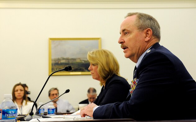 Secretary of the Air Force Deborah Lee James and Air Force Chief of Staff Gen. Mark A. Welsh III testify on the Air Force posture for fiscal year 2015 before the House Appropriations subcommittee on defense in Washington, D.C., March 26, 2014.  (U.S. Air Force photo/Staff Sgt. Leslie O. Carlin)
