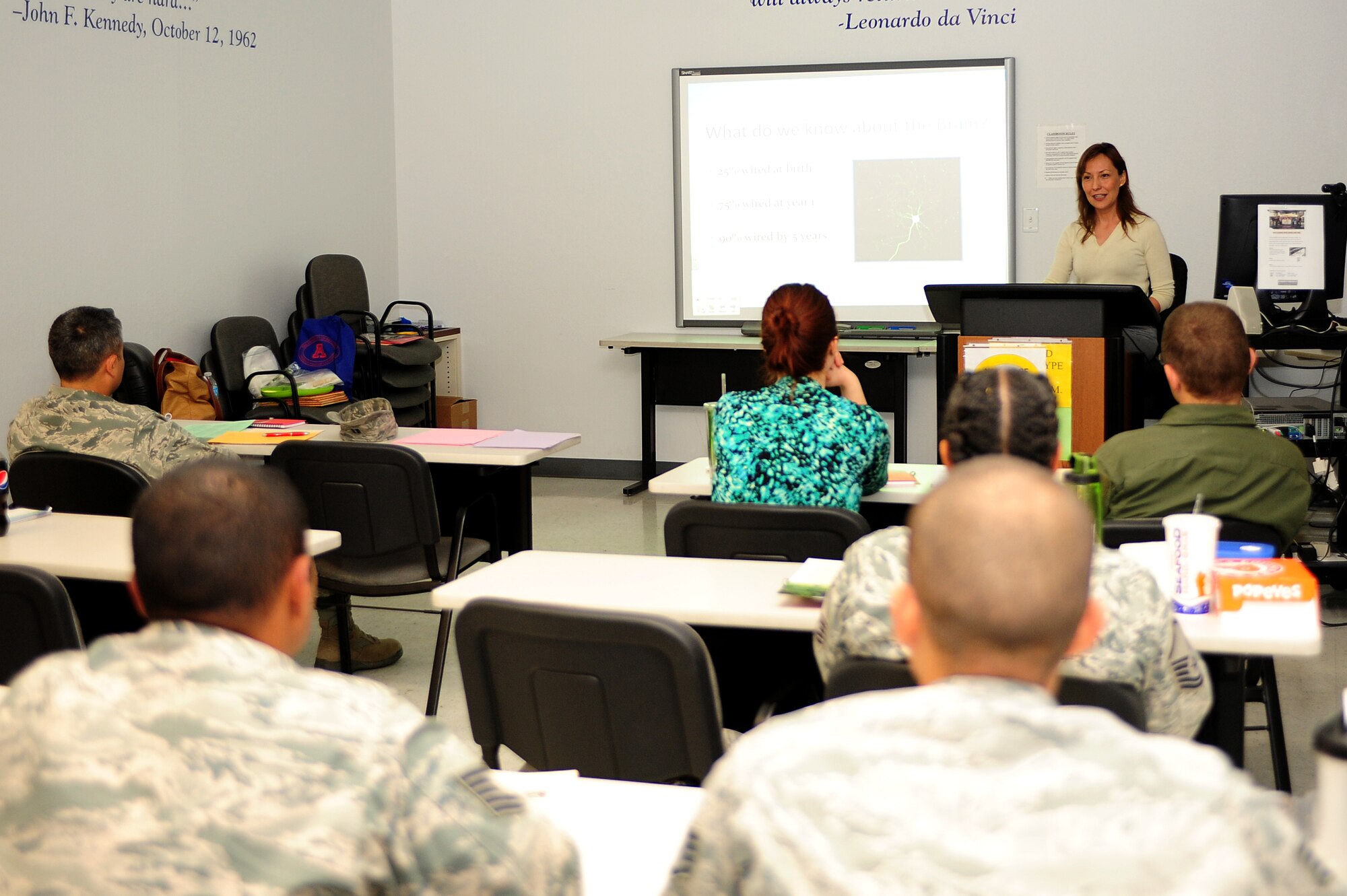Desert Lighting Team members participate in a Brain Waves class activity at Davis-Monthan Air Force Base, Ariz., March 26, 2014. Brain Waves is a class designed to help parents make the most of their child’s natural capacity to learn. (Air Force photo by Senior Airman Camilla Elizeu/ Released)