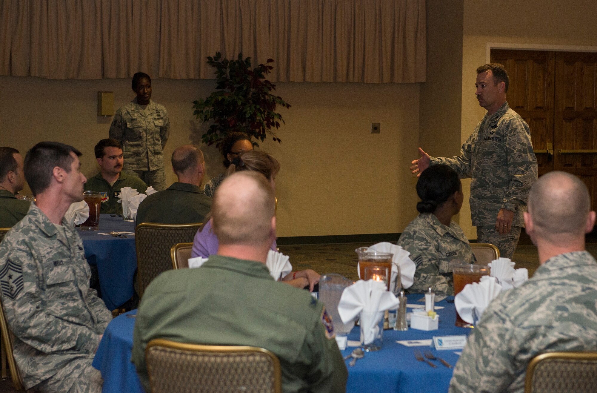 U.S. Air Force Col. Chad Franks, 23d Wing commander, speaks at the Air Force Assistance Fund kickoff luncheon at Moody Air Force Base, Ga., March 24, 2014. Franks spoke about Moody’s success last year raising more than $200,000 for the AFAF. (U.S. Air Force photo by Airman Dillian Bamman/Released)