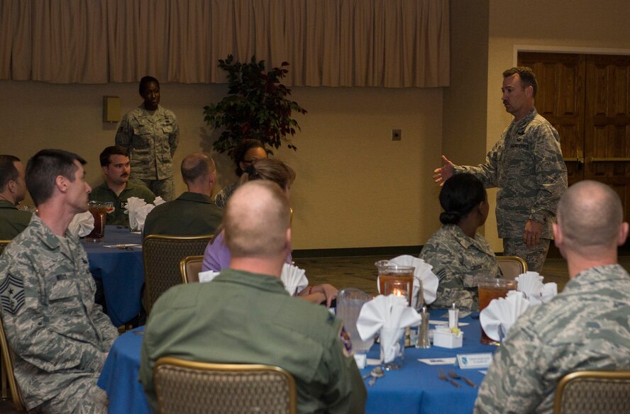 U.S. Air Force Col. Chad Franks, 23d Wing commander, speaks at the Air Force Assistance Fund kickoff luncheon at Moody Air Force Base, Ga., March 24, 2014. Franks spoke about Moody’s success last year raising more than $200,000 for the AFAF. (U.S. Air Force photo by Airman Dillian Bamman/Released)