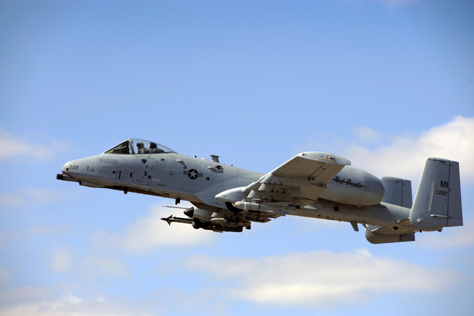 140326-Z-HC784-086 -- An A-10 Thunderbolt II from the 107th Fighter Squadron, 127th Wing, Michigan Air National Guard, launches from Selfridge Air National Guard Base, Mich., March 26, 2014, enroute to a Combat Search and Rescue exercise taking place at and around the Grayling Air Gunnery Range in northern Michigan. During the exercise A-10s from Selfridge and the 122nd Fighter Wing, Indiana Air National Guard, worked closely with HH-60 Blackhawk helicopters from the New York Air National Guard’s 106th Rescue Wing to conduct a broad range of training scenarios. (U.S. Air National Guard photo by John S. Swanson / Released)