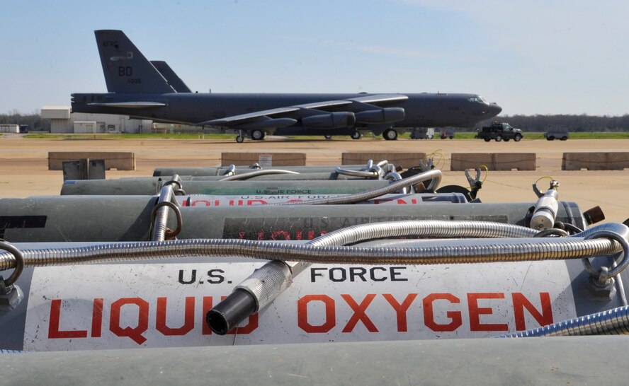 Liquid oxygen tanks sit on the flightline on Barksdale Air Force Base, La., March 24, 2014. Liquid oxygen tanks provide pilots and aircrew clean, breathable air on the B-52H Stratofortress. (U.S. Air Force photo/Airman 1st Class Benjamin Raughton)