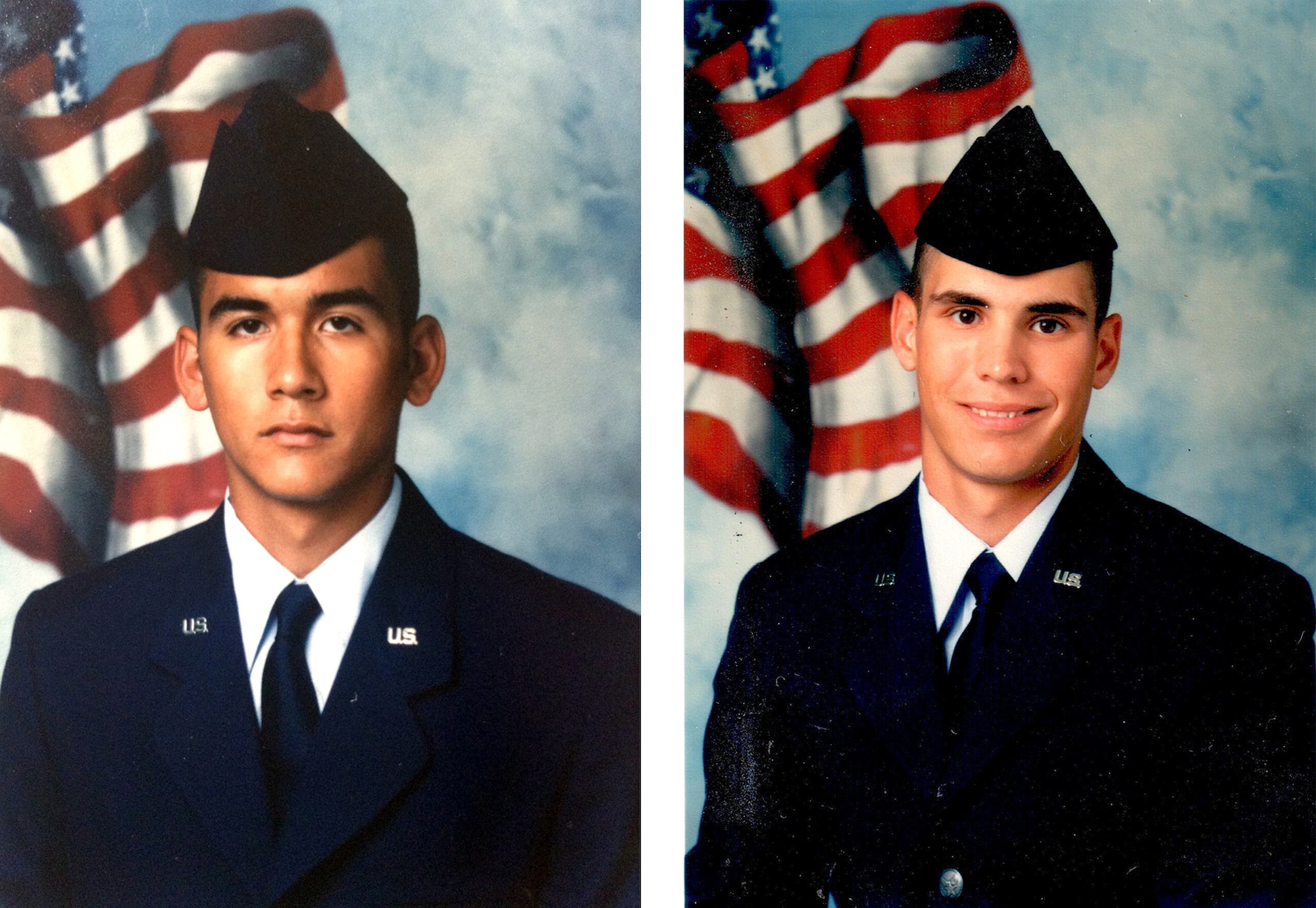 Basic Military Training photos for Master Sgt. Brett Diaz. left, and Master Sgt. Victor Follis in 1998. (U.S. Air Force photos)