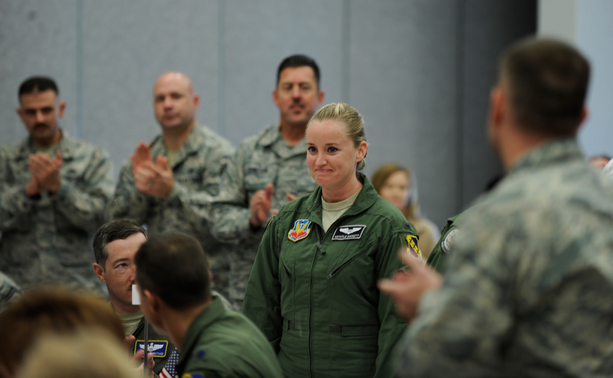 U.S. Air Force 1st Lt. Krystle Duckett, 9th Bomb Squadron weapons systems officer, was honored at the Military Affairs Committee luncheon March 21, 2014, at the Abilene Civic Center in Abilene, Texas. While deployed to Afghanistan, Duckett’s B-1B Lancer assisted ground troops by dropping two 2,000 pound Joint Direct Attack Munition Systems to secure the safety of U.S. military forces on the ground. (U.S. Air Force photo by Airman 1st Class Alexander Guerrero/Released)