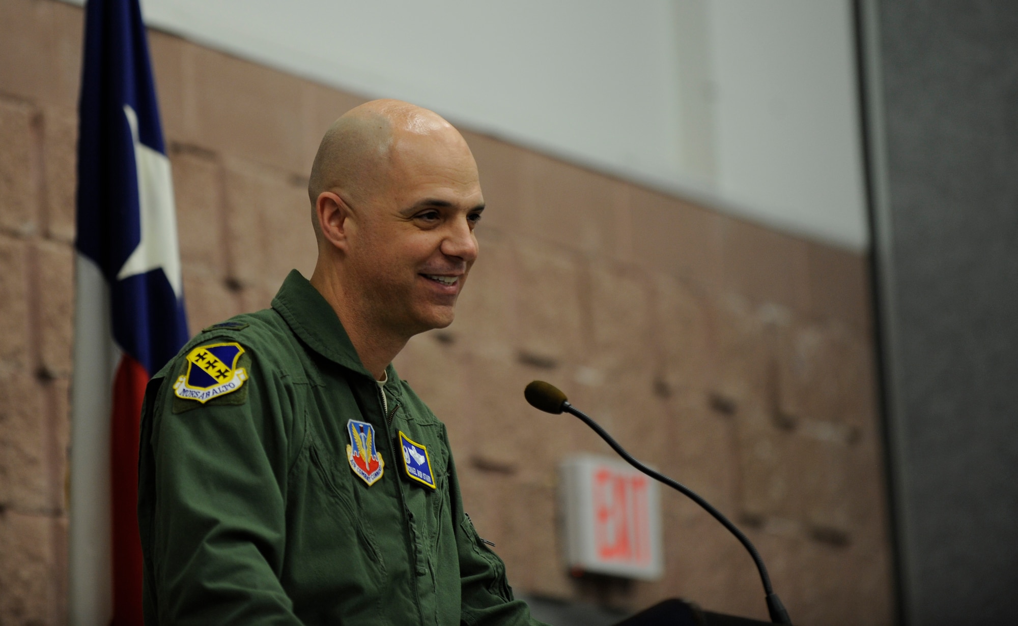 U.S. Air Force Col. Michael Bob Starr, 7th Bomb Wing commander, speaks at the Military Affairs Committee luncheon March 21, 2014, at the Abilene Civic Center in Abilene, Texas. During the event Starr highlighted some top performing Airmen and informed the MAC on current events at Dyess, such as the most recent upgrade to the B-1B Lancer. (U.S. Air Force photo by Airman 1st Class Alexander Guerrero/Released)