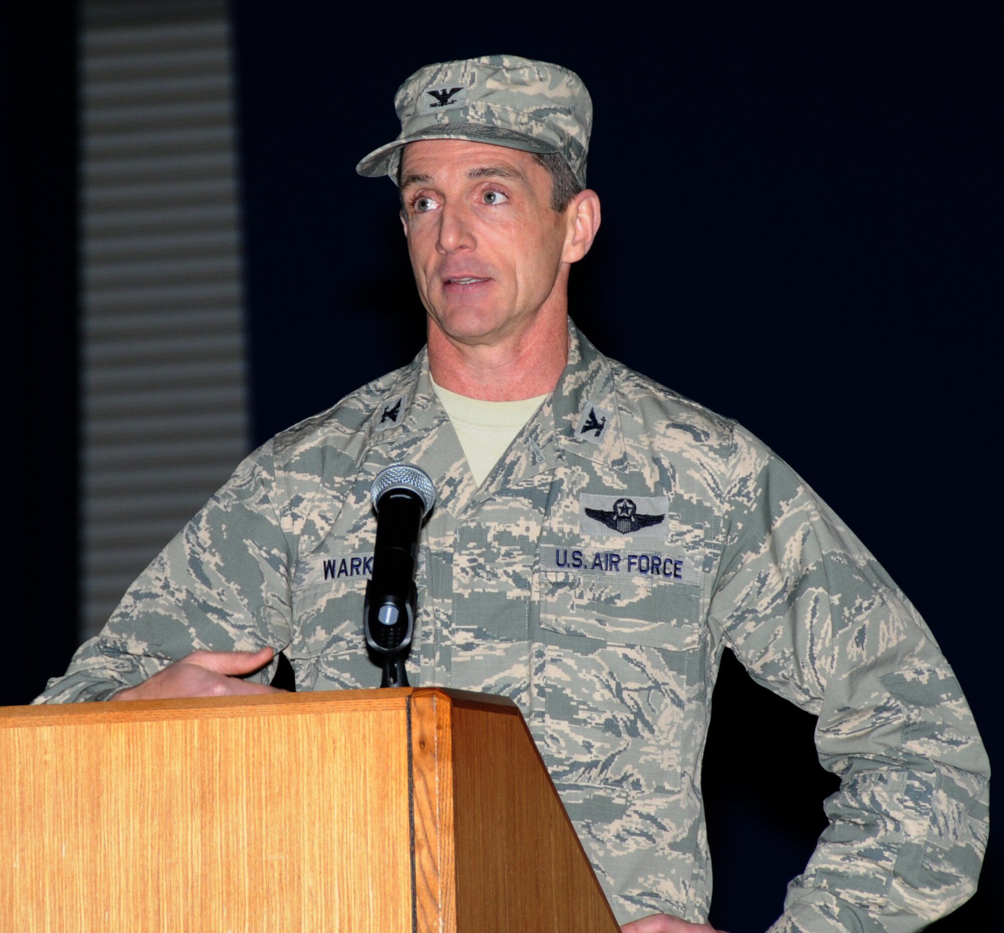 U.S. Air Force Col. Keith Wark, 192nd Fighter Wing commander, addresses the men and women of the Virginia Air National Guard during a change of command ceremony at Langley Air Force Base, Va., March 23, 2014. Col. Jeffrey L. Ryan assumed command of the 192nd Mission Support Group during the ceremony. (U.S. Air National Guard photo by Master Sgt. Carlos J. Claudio/Released)