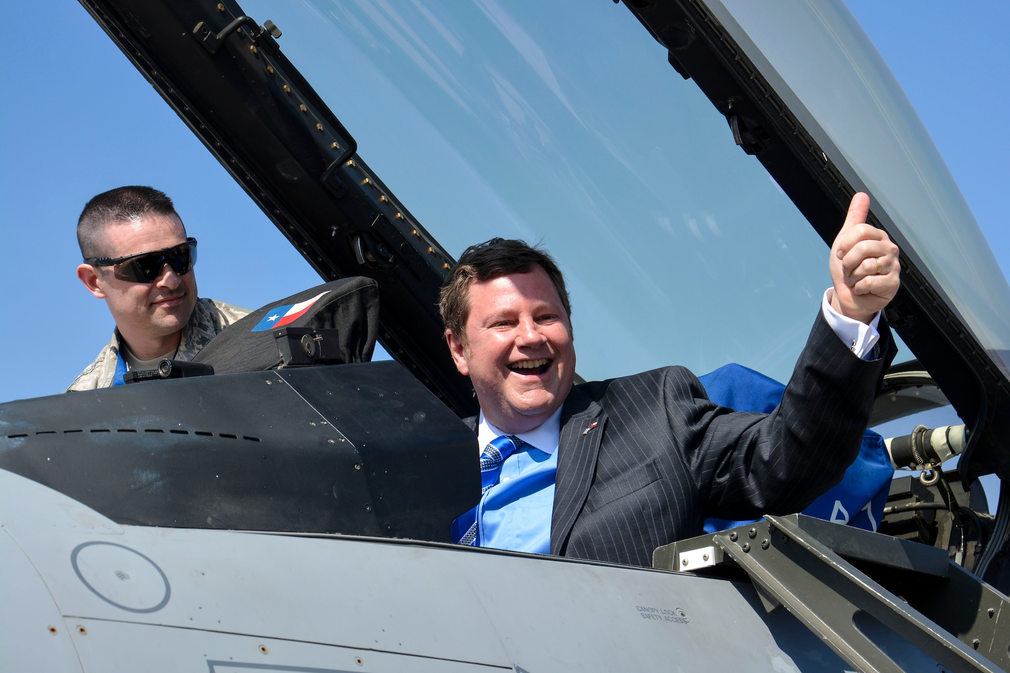 Michael Hammer, U.S. Ambassador to Chile, gives a thumbs-up from a U.S. Air Force F-16 Fighting Falcon during the first day of the FIDAE Air Show in Santiago, Chile, March 25. Nearly 60 U.S. airmen are participating in subject matter expert exchanges with Chilean air force counterparts during FIDAE, and as part of the events will host static displays of the C-130 Hercules and F-16 Fighting Falcon. The exchanges, conducted regularly throughout the year, involve U.S. airmen sharing best practices and procedures to build partnerships and promote interoperability with partner-nations throughout South America, Central America and the Caribbean. (U.S. Air Force photo by Capt. Justin Brockhoff/Released)