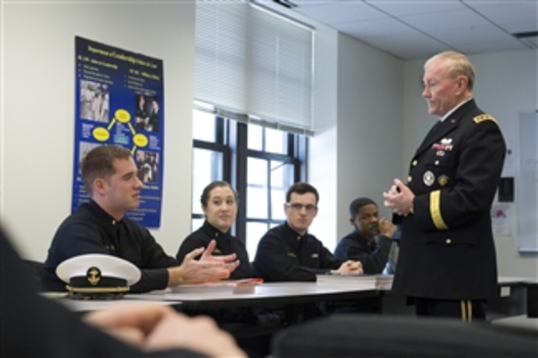 Army Gen. Martin E. Dempsey, chairman of the Joint Chiefs of Staff, listens as a midshipman asks a question during a class Dempsey is teaching on ethics during at the U.S. Naval Academy in Annapolis, Md., March 26, 2014. Dempsey is on a two-day tour to visit the U.S. Naval Academy and the U.S. Military Academy in West Point, N.Y.