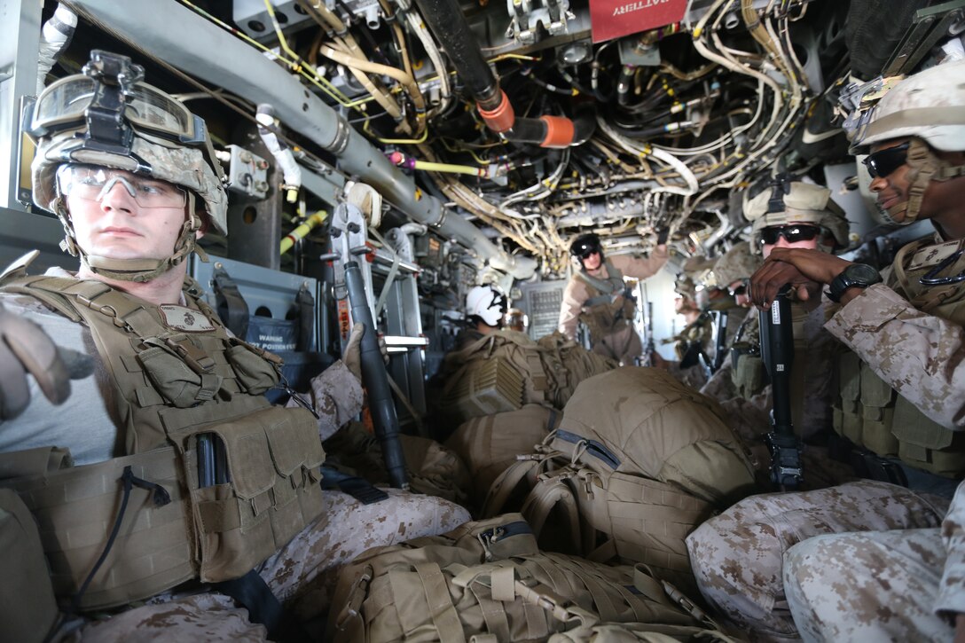 U.S. Marines of Special-Purpose Marine Air-Ground Task Force Crisis Response depart for a bilateral training exercise in an MV-22B Osprey on Moron Air Base, Spain, March 18, 2014. The training was conducted with Spanish Marines to further partnerships between SP-MAGTF CR and the European forces. (U.S. Marine Corps photo by Lance Cpl. Alexander Hill/Released)