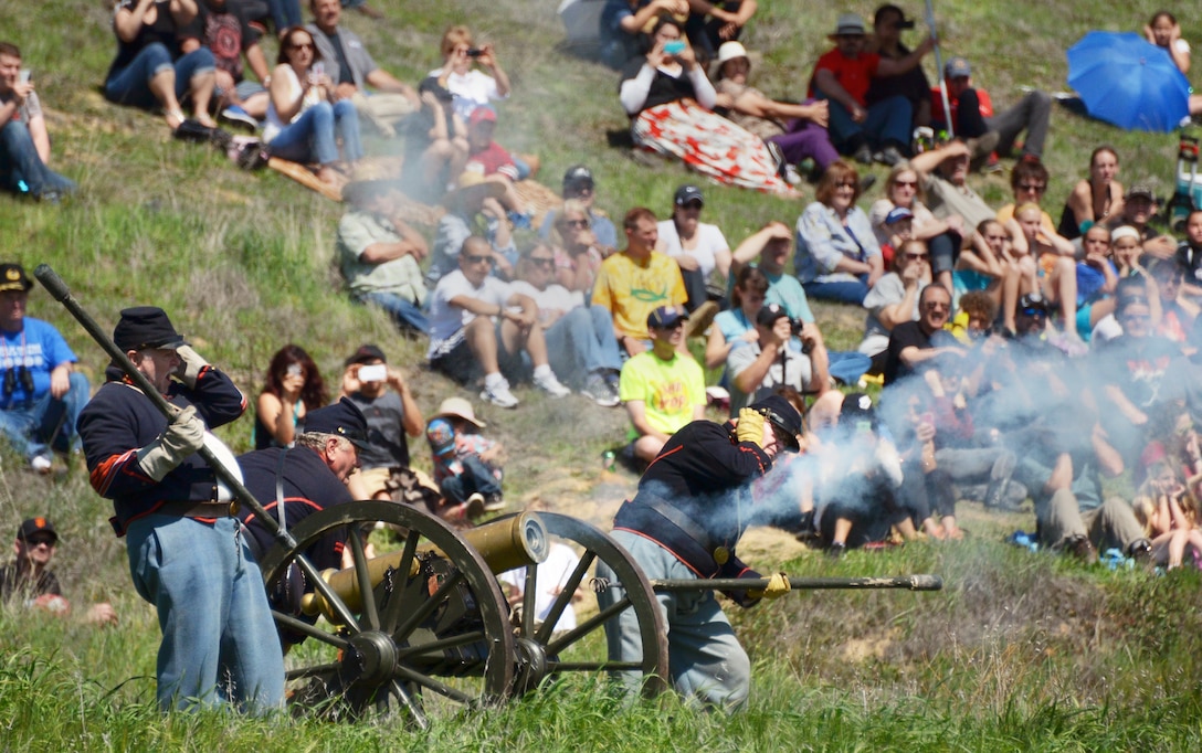Reenactment troops and audience members enjoy another round of cannon fire during the Civil War reenactment weekend at the U.S. Army Corps of Engineers Sacramento District’s Stanislaus River Parks in Knights Ferry, Calif., March 22, 2014.