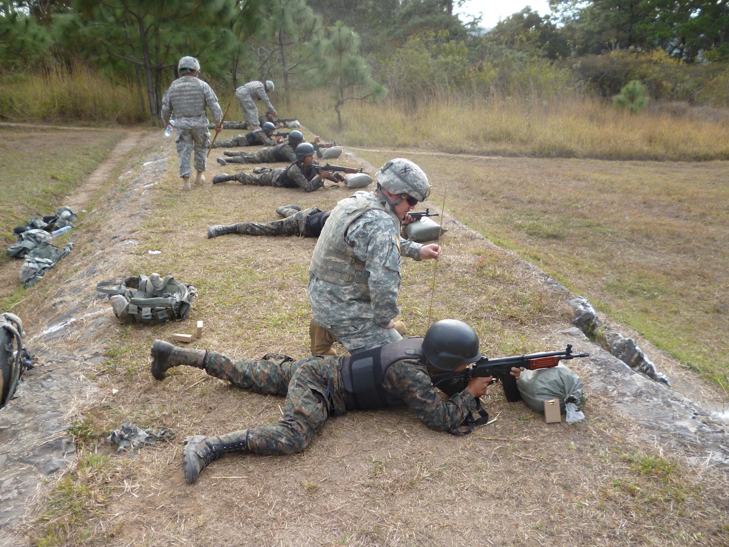 A Georgia Army National Guard member coaches a Soldier with the Guatemalan Interagency Task Force on proper firing techniques in order to build capacity and to enhance their capability in combating transnational criminal organizations and drug trafficking organizations. The activity occurred in March, 2014.