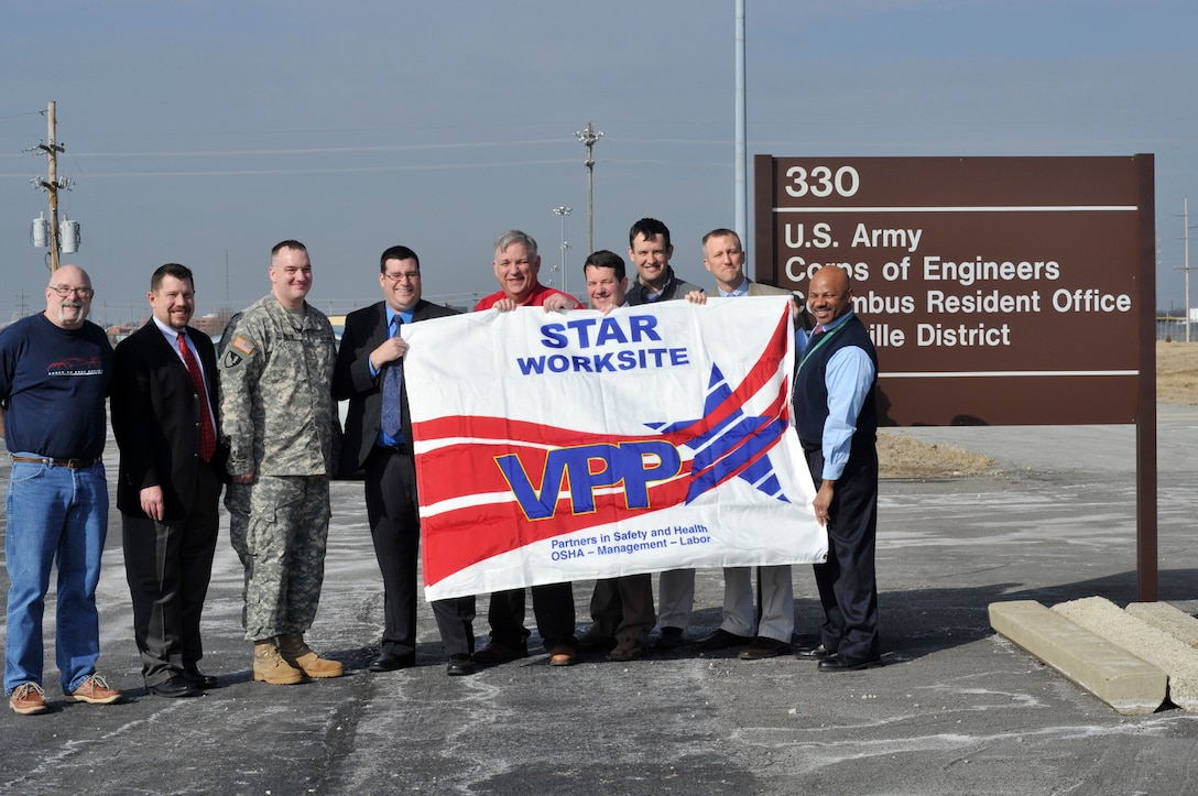 (left to right) Kevin Kunke, Columbus Construction Control Representative Richard Wright, Chief of Safety, Army Corps of Engineers Headquarters, Washington, D.C. Maj. Edward Allen, Deputy Commander, Louisville District Army Corps of Engineers John Hearn, Supervisor Construction Management Specialist, Wright-Patt Matt Burg, Army Corps of Engineers Louisville Safety Officer Charles Campbell, Columbus Project Engineer/Collateral Duty Safety Officer Jeremy Cobb, Wright-Patt Resident Engineer Kirk Dailey - Army Corps of Engineers Louisville Construction Chief Kevin Jefferson - Wright Patt Area Engineer